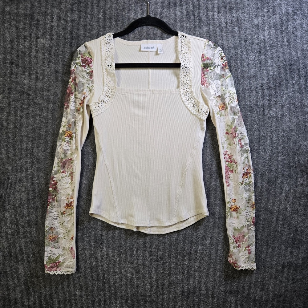 Willow Root T Shirt Womens S Cream Pink Floral Lace Trim Rib Knit Romantic